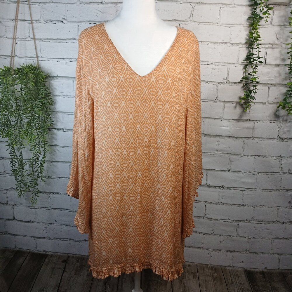 AMUSE SOCIETY TUNIC TOP, WITH RUFFLE TRIM, PUMPKIN AND CREAM COLOR, SIZE SMALL - Picture 4 of 9